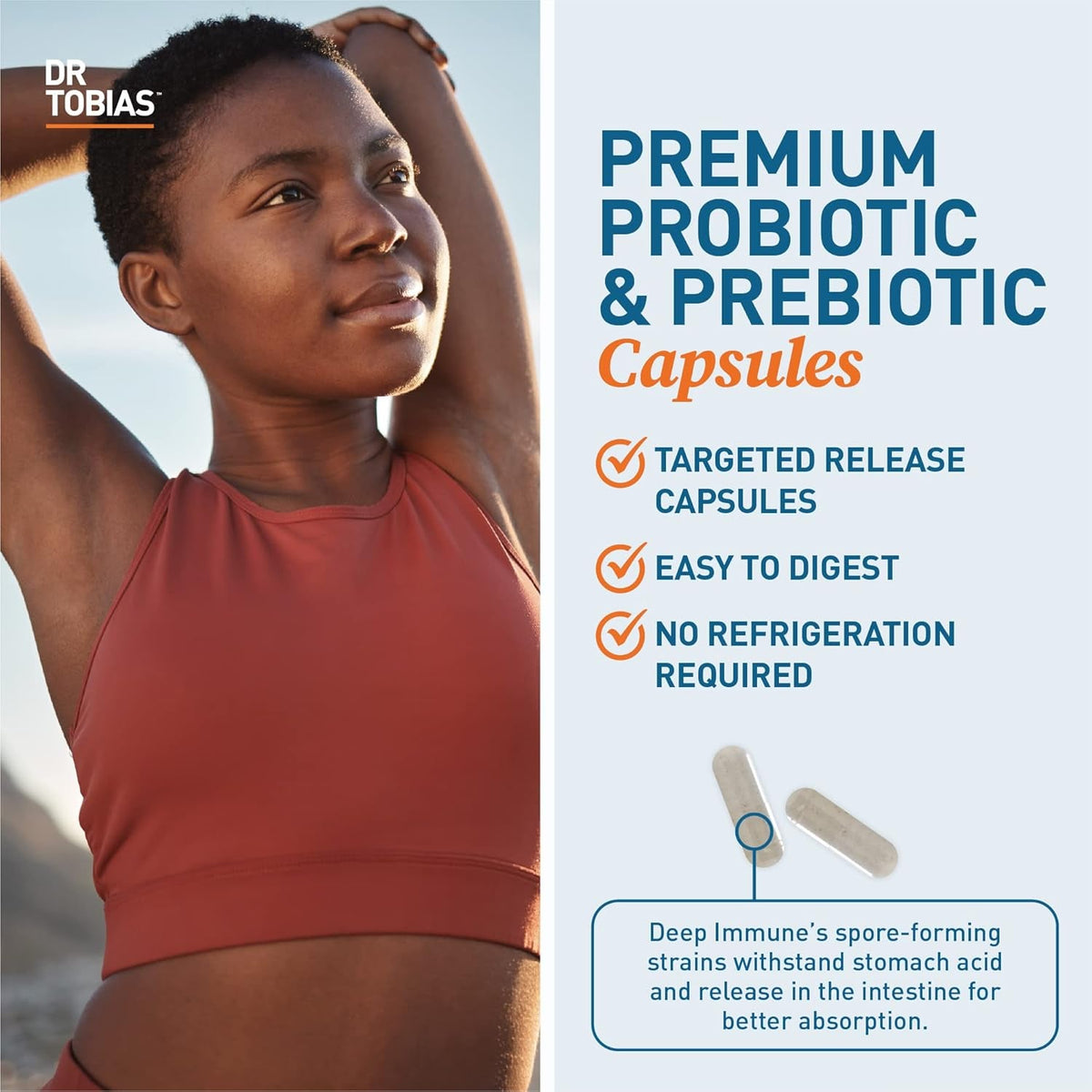 Dr. Tobias Deep Immune Probiotics & Prebiotics - Dual Action Digestion & Immune Support with Preforpro Prebiotics & Delayed Release Spore Forming Probiotics for Women & Men - 60 Capsules (30 Servings)