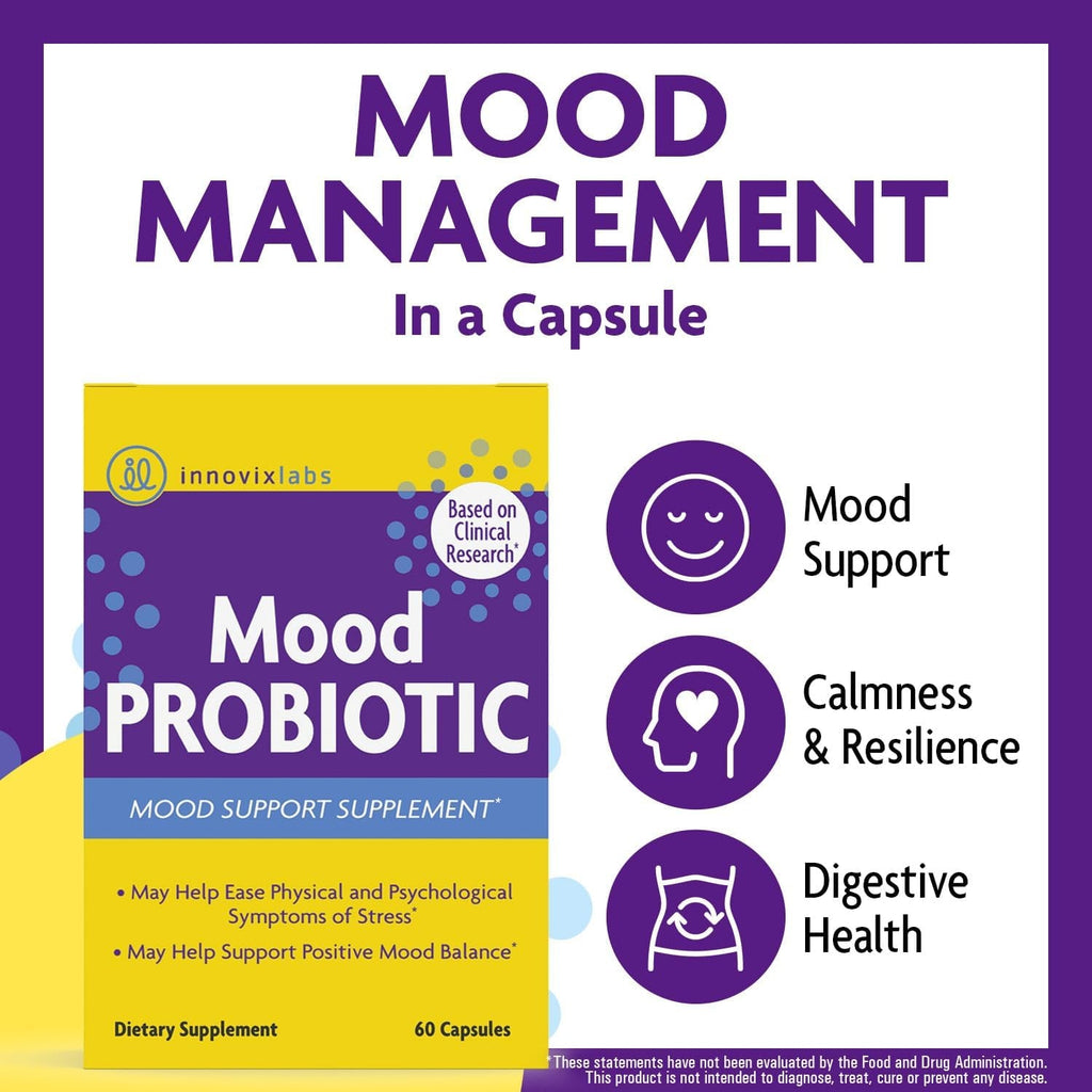 Innovixlabs Mood Probiotic for Women & Men, Clinically Studied Digestive & Mood Support Supplement, Lactobacillus Helveticus Rosell-52Nd & Bifidobacterium Longum Rosell-175, 60 Capsules