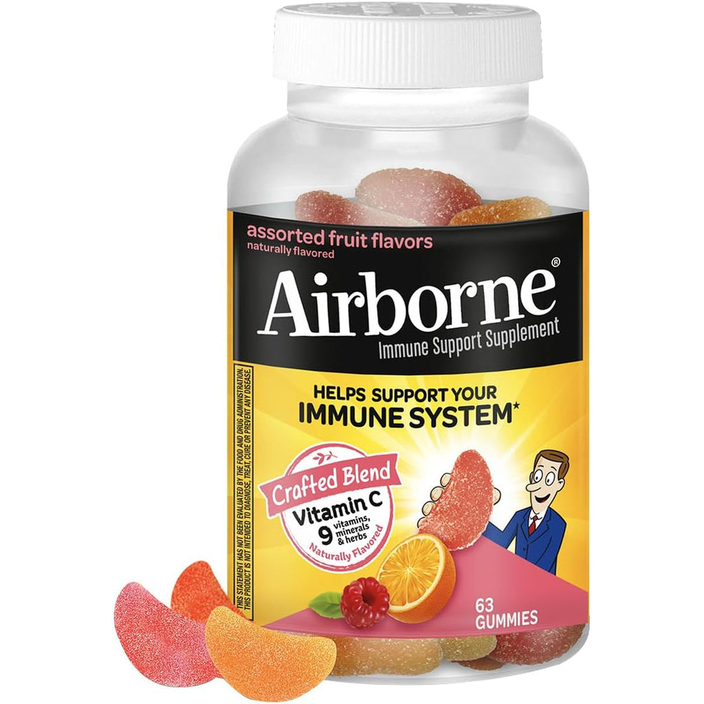 Airborne Immune Support Gummies, Assorted Fruit Flavor, 63 Ct - 750 Mg Vitamin C + Vitamins A, D & E + Zinc, Selenium, and Manganese | with Herbal Blend | Naturally Flavored