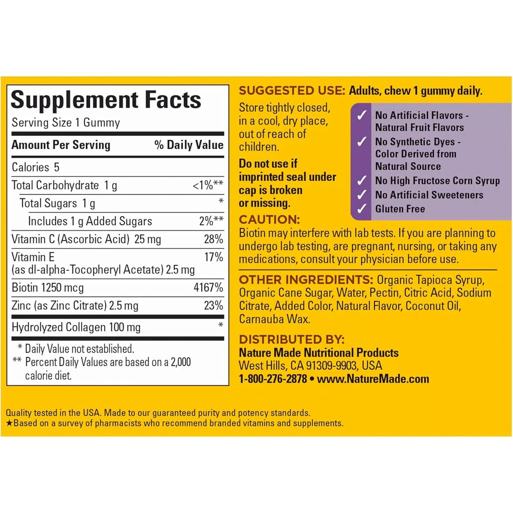 Nature Made Collagen Gummies with Vitamin C, Zinc, Biotin, Hydrolyzed Collagen Peptides for Women and Men, Healthy Skin Support Supplement, 60 Gummies, 60 Day Supply
