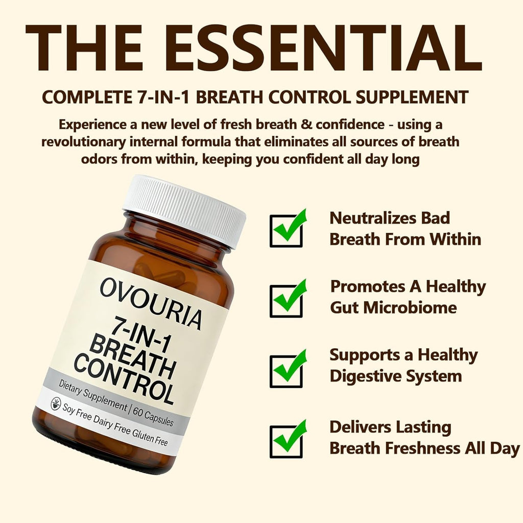 Ovouria Breath and Gut Balance - 7-In-1 Breath Control, Targets Bad Breath at the Gut Root, Natural Ingredients with Probiotics, Vegan Gluten-Free, 60 Capsules(1Pc)