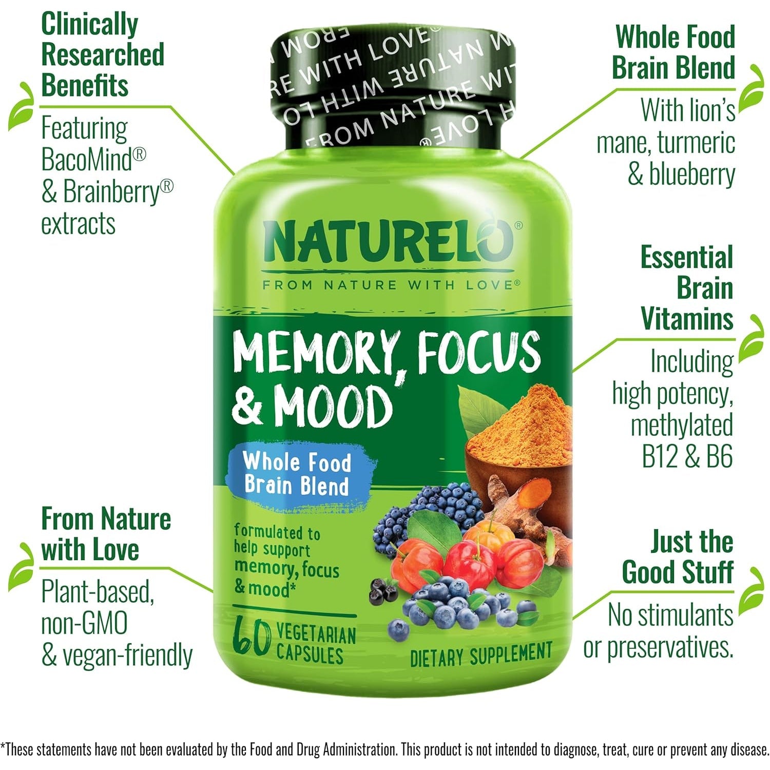 NATURELO Whole Food Brain Supplement - Brain Health Supplements for Memory & Focus Support - Enhance Brain Health Blend Supplement for Adults - 60 Vegetarian Capsules