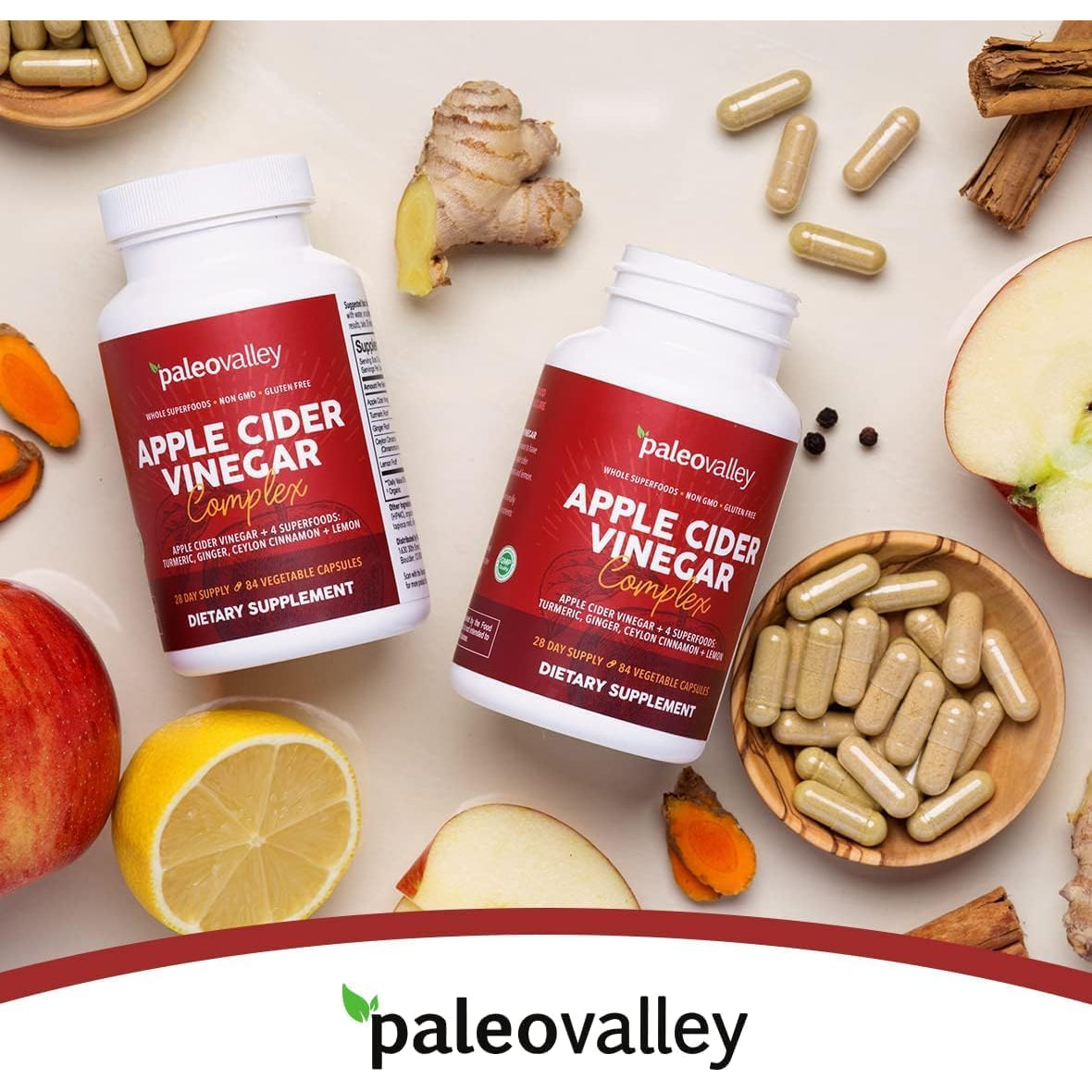Paleovalley Apple Cider Vinegar Complex with Superfoods - Turmeric, Ginger, Ceylon Cinnamon and Lemon - 84 Vegetable Capsules