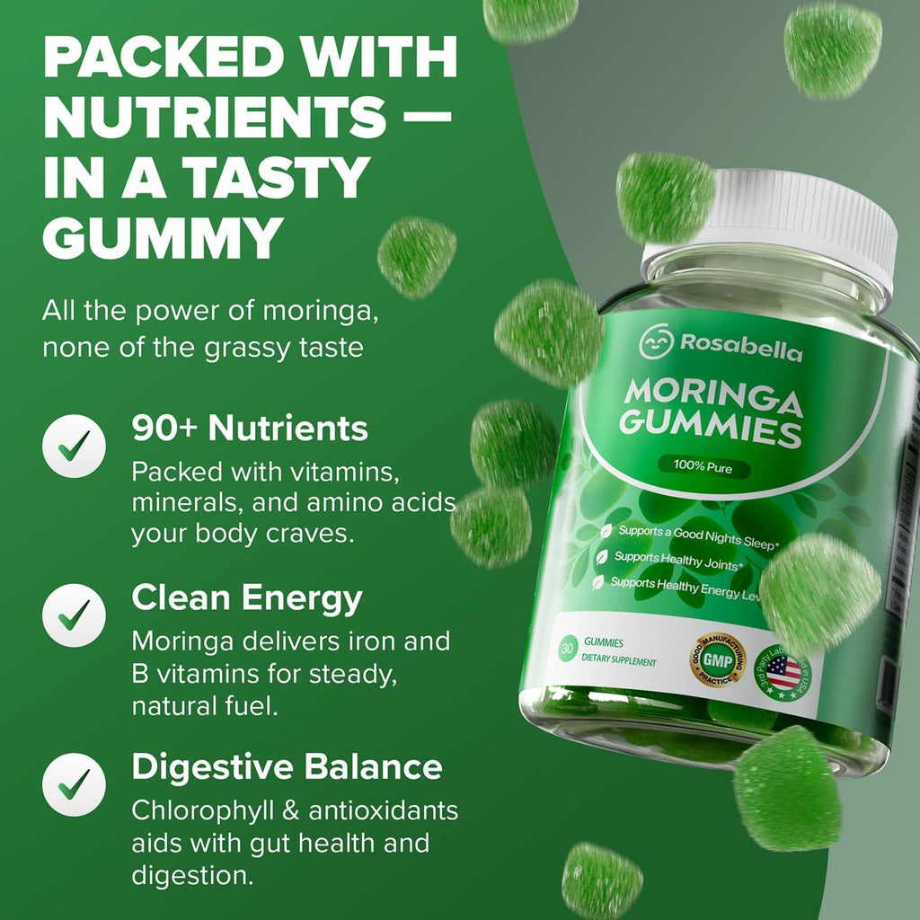 Rosabella Moringa Gummies – Moringa Leaf Extract 1000Mg Equivalent per Serving – Natural Energy & Balance – Non-Gmo, Gluten-Free Superfood Gummies for Women & Men – 30 Count