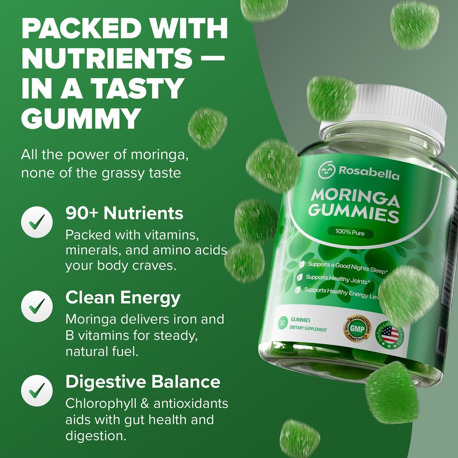 Rosabella Moringa Gummies – Moringa Leaf Extract 1000Mg Equivalent per Serving – Natural Energy & Balance – Non-Gmo, Gluten-Free Superfood Gummies for Women & Men – 30 Count