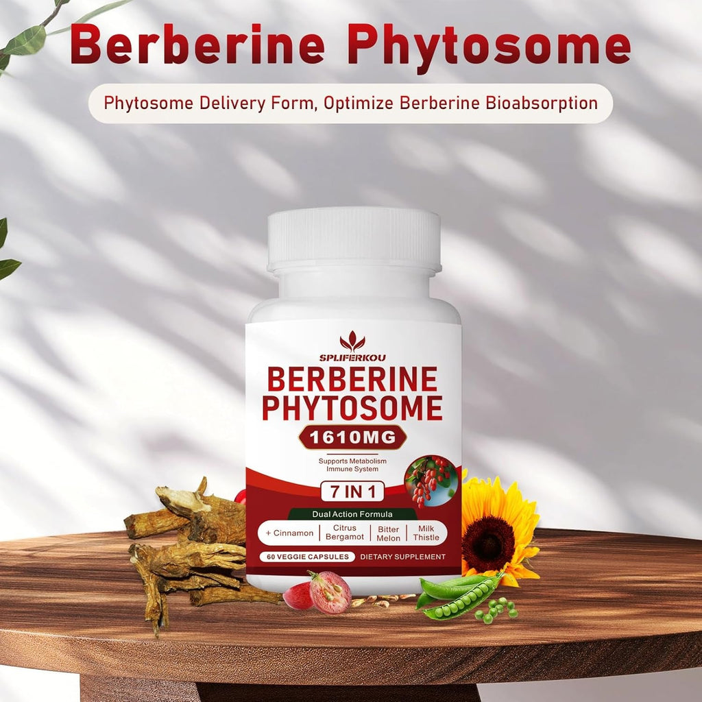 7-In-1 Berberine Phytosome with Ceylon Cinnamon, Berberine Complex Supports Metabolic, Liver Function and Immune System, Non-Gmo - 60 Capsules