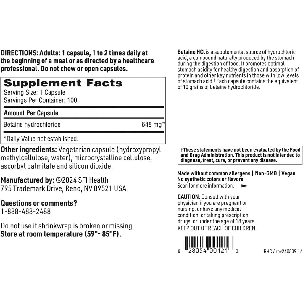Klaire Labs SFI Health Betaine Hcl 648Mg - Hypoallergenic Betaine Supplement to Support Digestion & Nutrient Absorption - Gluten-Free, Corn-Free (100 Capsules)