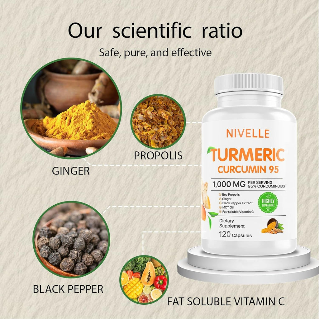 NIVELLE Turmeric Curcumin | Pure Turmeric Curcumin Supplement 1000Mg | 95% Curcuminoids with Bee Propolis, Ginger, MCT Oil, Fat Soluble Vitamin C, & Black Pepper | 120 Capsules (1)
