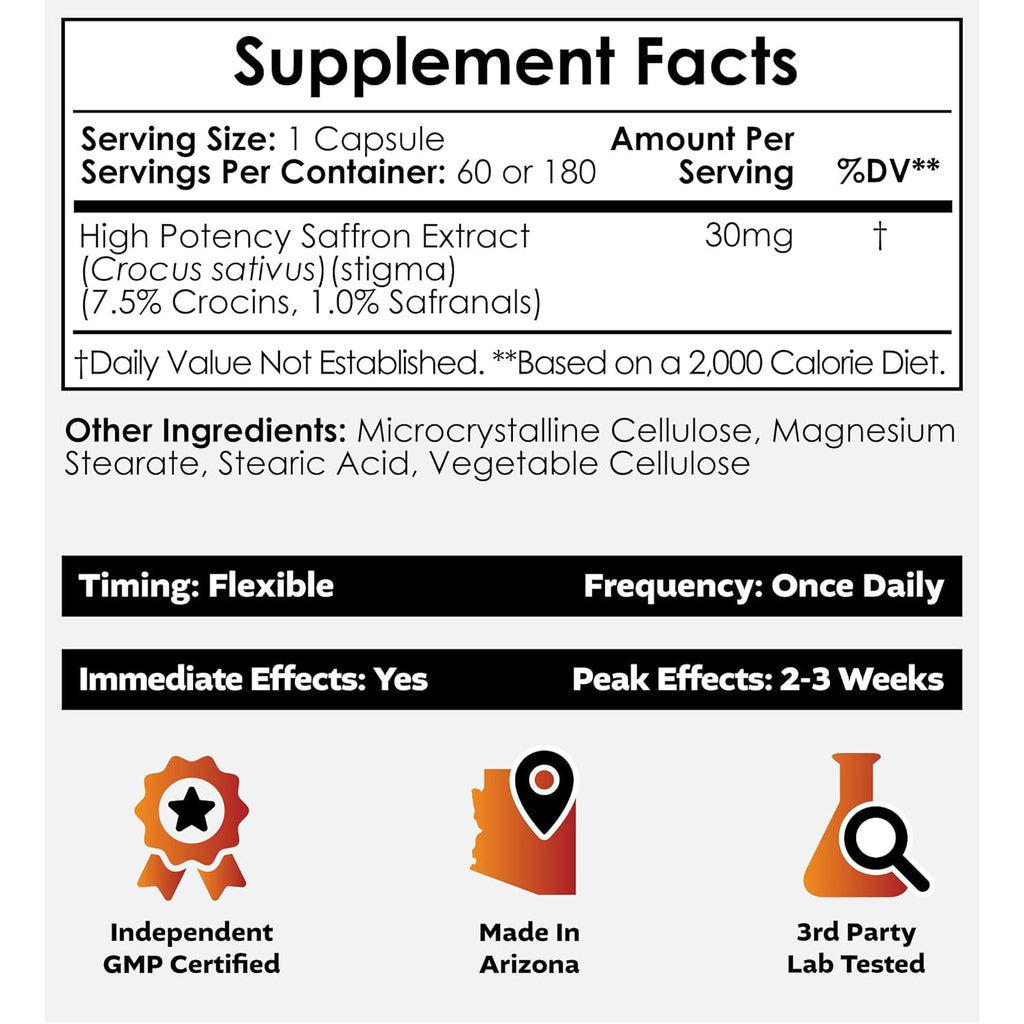 Nootropics Depot High Potency Saffron Extract Capsules | 30Mg | Minimum 7.5% Crocins and 1% Safranals | Crocus Sativus | 60 Ct