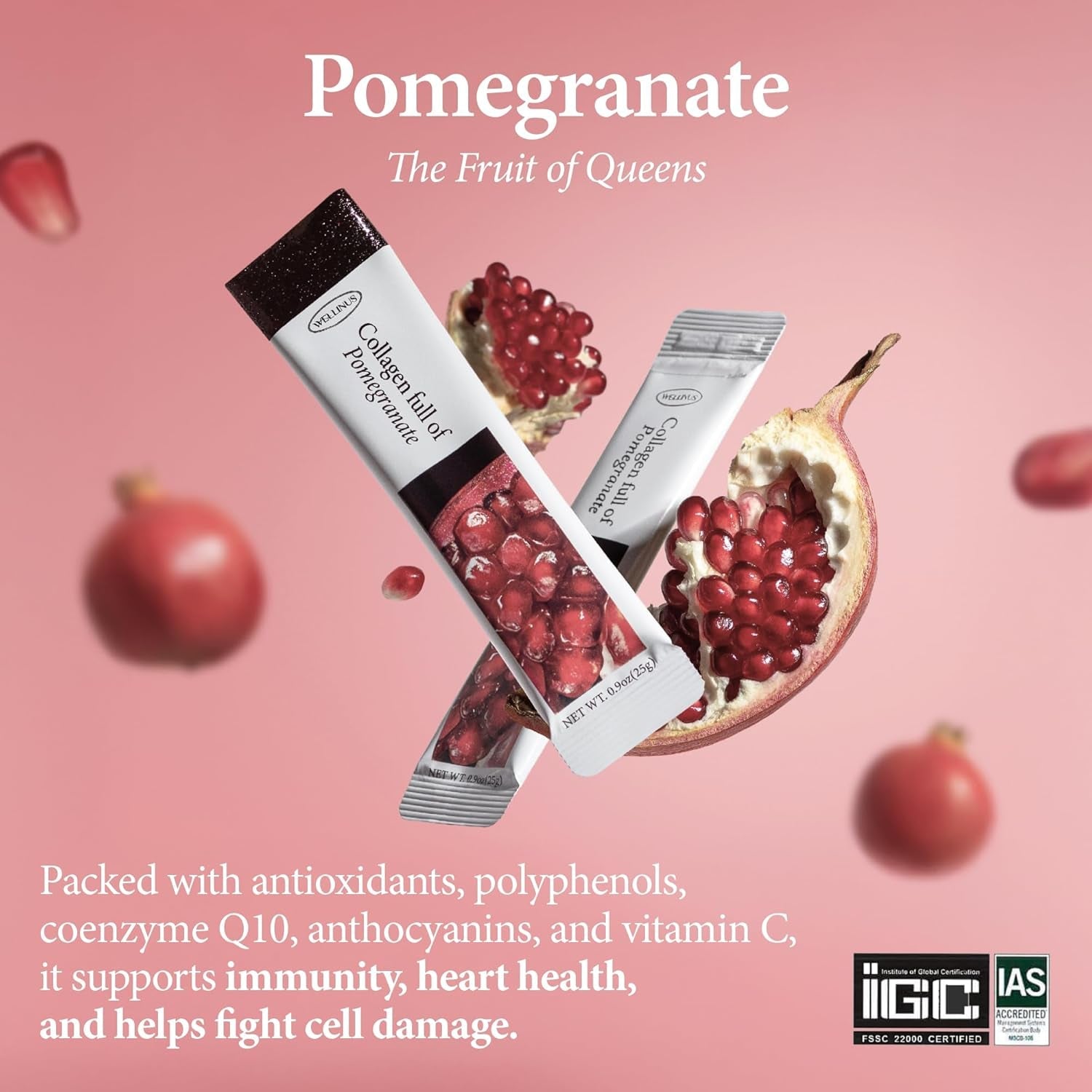 WELLINUS Korean Marine Collagen Jelly Sticks – Pomegranate Marine Collagen Peptides for Glowing Skin, Hair & Nails, Anti-Aging Beauty Supplement, Sugar-Free, Halal & Gmo-Free, 25 Travel Packs
