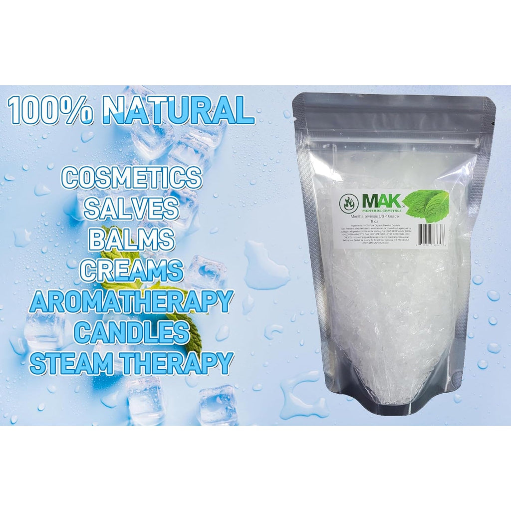 Mak Menthol Crystal 8 Oz - Pure Organic 100% Natural - Menthol Crystals from Mint Crystal Mints Mentha Arvensis - Comes in Resealable Standup Bag for Long-Lasting Freshness