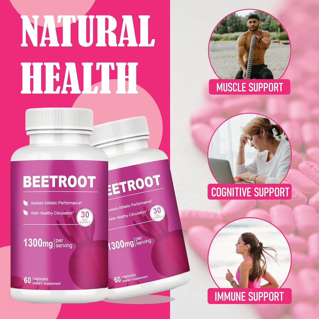 Beet Root Capsules – 1300Mg Beetroot Powder for Natural Energy & Endurance Support, Non-Gmo, 60 Capsules, 30-Day Supply (1Pc)
