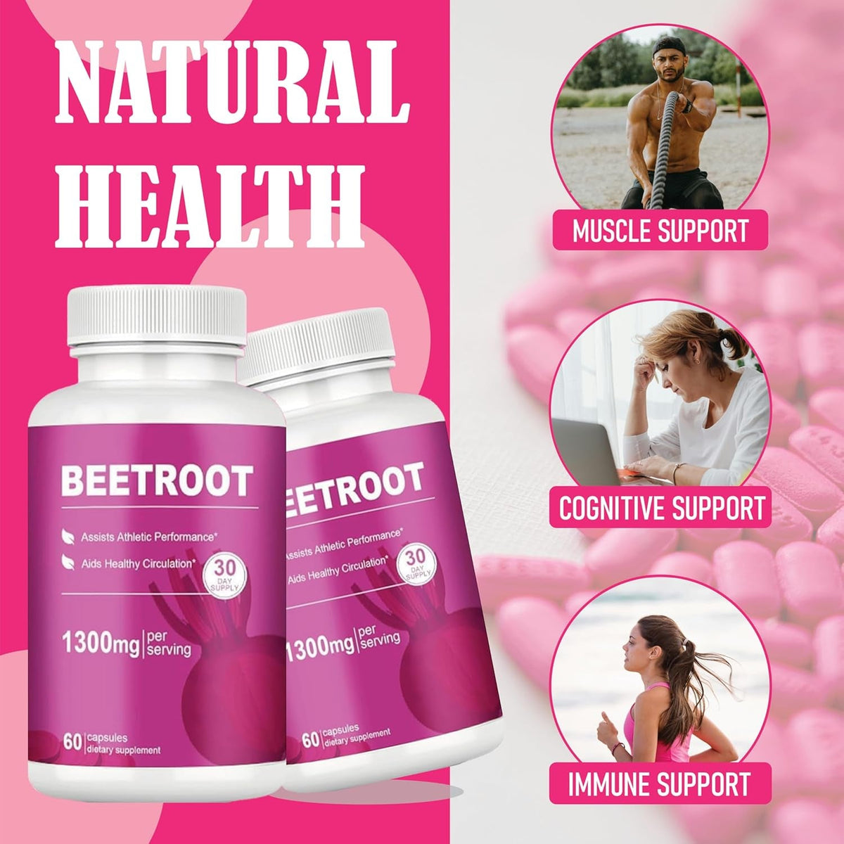 Beet Root Capsules – 1300Mg Beetroot Powder for Natural Energy & Endurance Support, Non-Gmo, 60 Capsules, 30-Day Supply (1Pc)