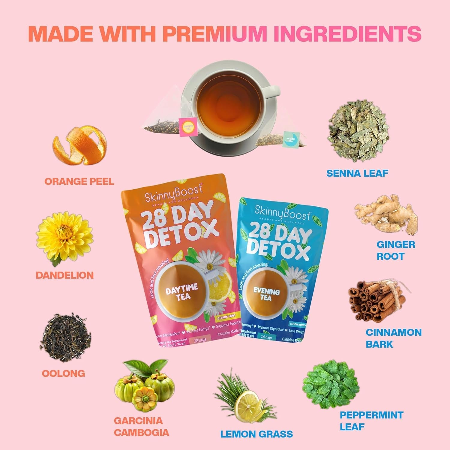 Skinny Boost Detox Tea Kit-Slimming Tea for Weight, Metabolism, Energy, Bloating & Colon Cleanse – Green Tea, Herbal, Vegan, Keto, Non-Gmo, Sugar-Free-2 PACK –1 Daytime (28 Bags) + 1 Evening -(14 Bags)