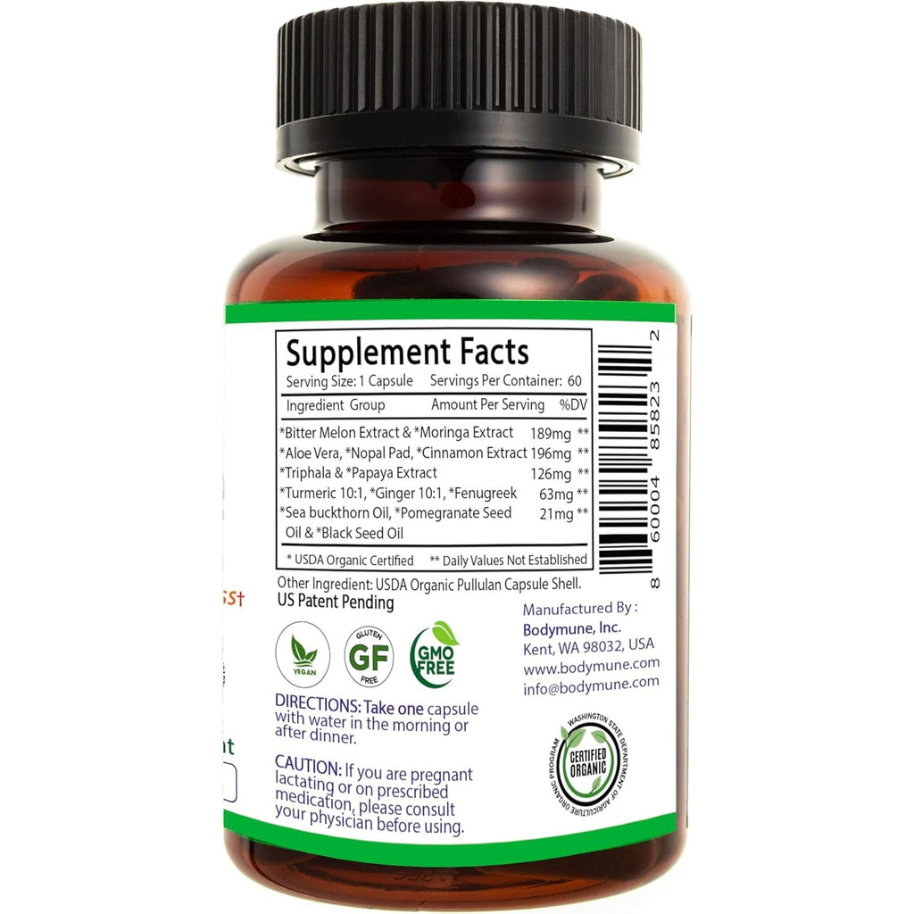 Bodymune Blood Sugar Blend – Organic Blood Sugar Support Supplement – with Bitter Melon Capsules, Moringa, & Black Seed Oil – 66 Capsules – USDA Organic, Vegan, Non-Gmo