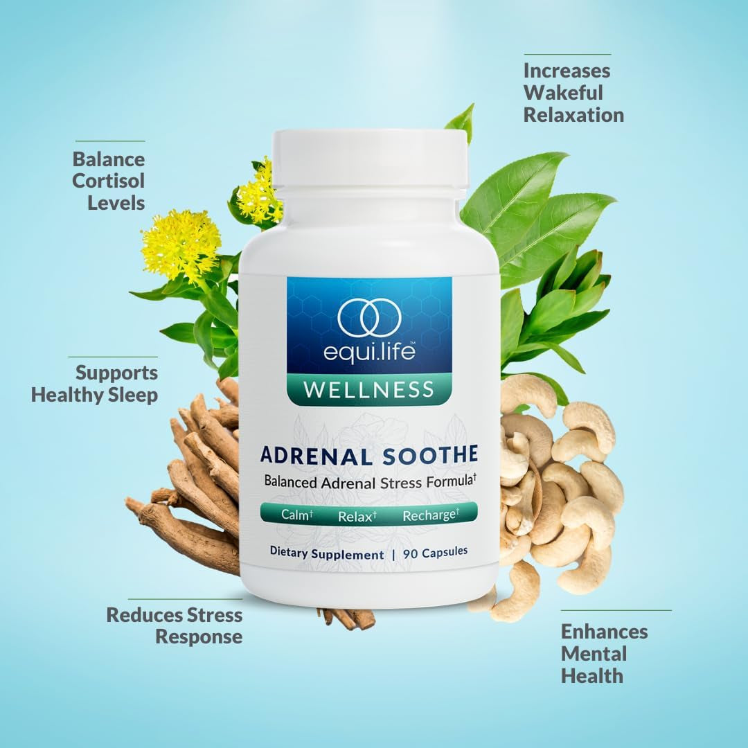 Equilife Adrenal Support Supplement with Ashwagandha and L-Theanine - Sleep & Cortisol Support, Mental Health Support, Supplements for Men & Women, Gluten Free, Vegan, Dairy Free, Non GMO, 90 Capsules