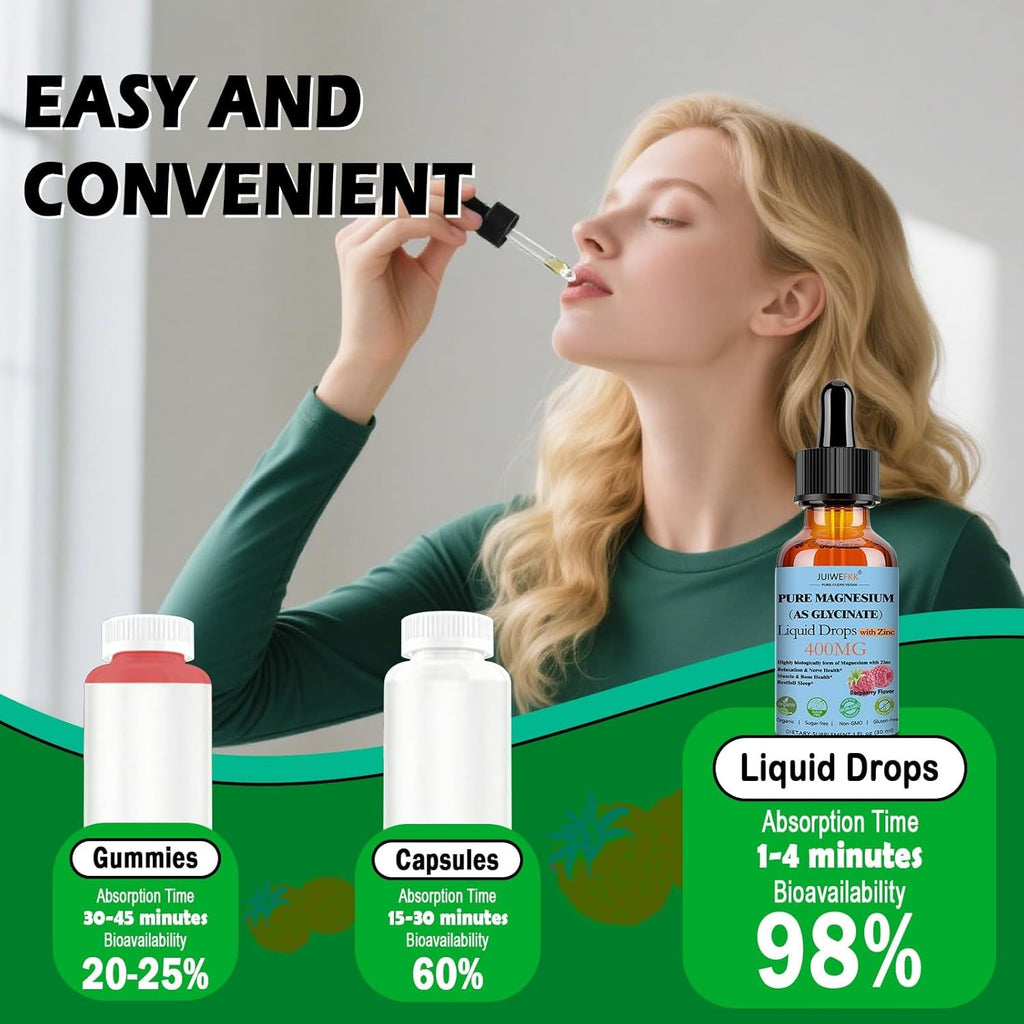 Pure Magnesium Glycinate 400Mg Liquid Drops, High Absorption Chelated Calm Magnesium with Zinc for Sleep Relaxation Muscle Bone Nerve & Brain Health, Non GMO, Vegan for Women Men & Kids