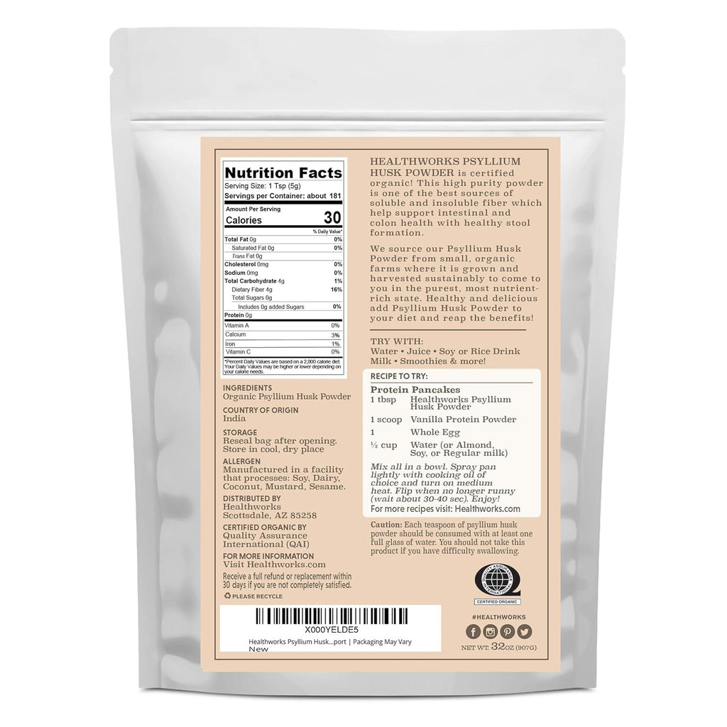 Healthworks Superfoods Organic Psyllium Husk Powder - 32 Oz / 2 Lbs - Raw - Certified Organic - Finely Ground Powder from India - Keto, Vegan & Non-Gmo - Fiber Support