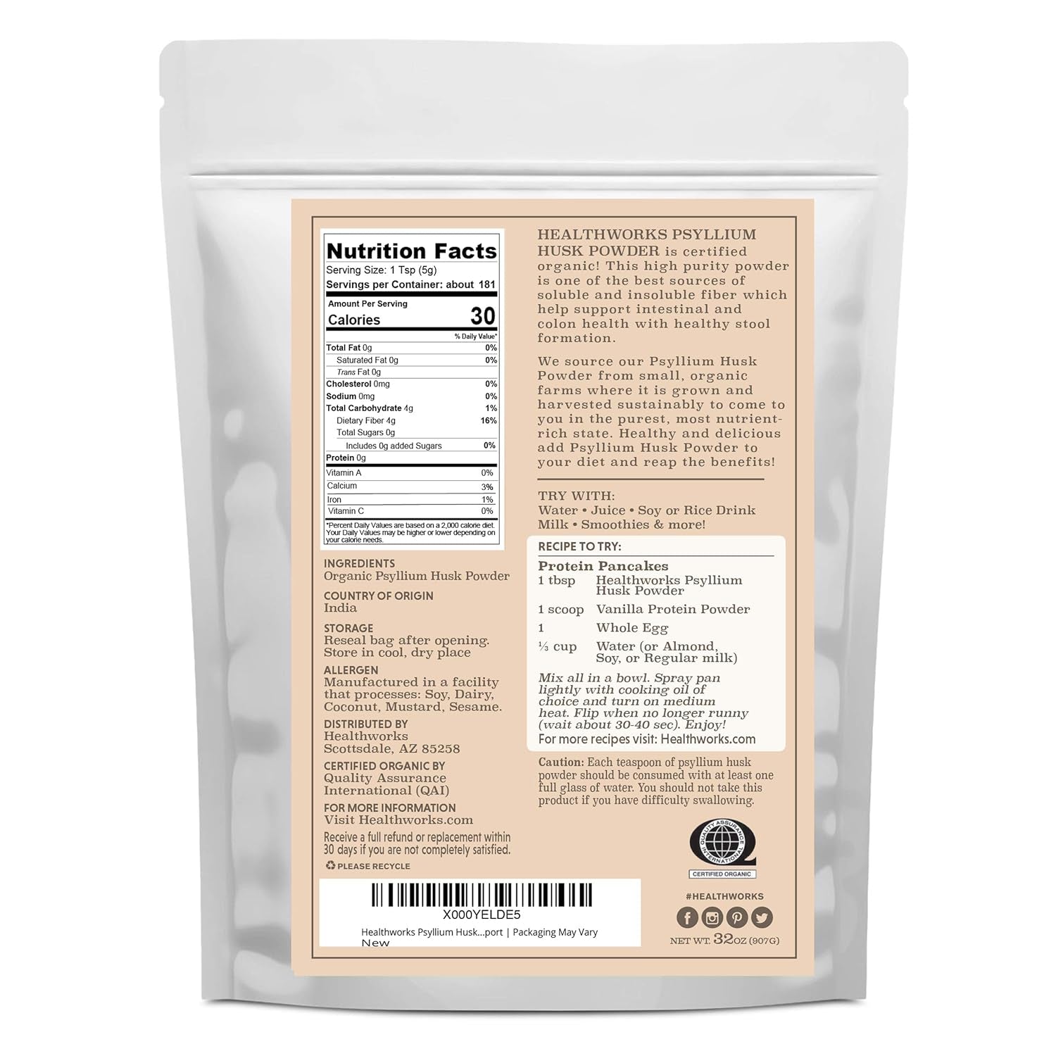 Healthworks Superfoods Organic Psyllium Husk Powder - 32 Oz / 2 Lbs - Raw - Certified Organic - Finely Ground Powder from India - Keto, Vegan & Non-Gmo - Fiber Support