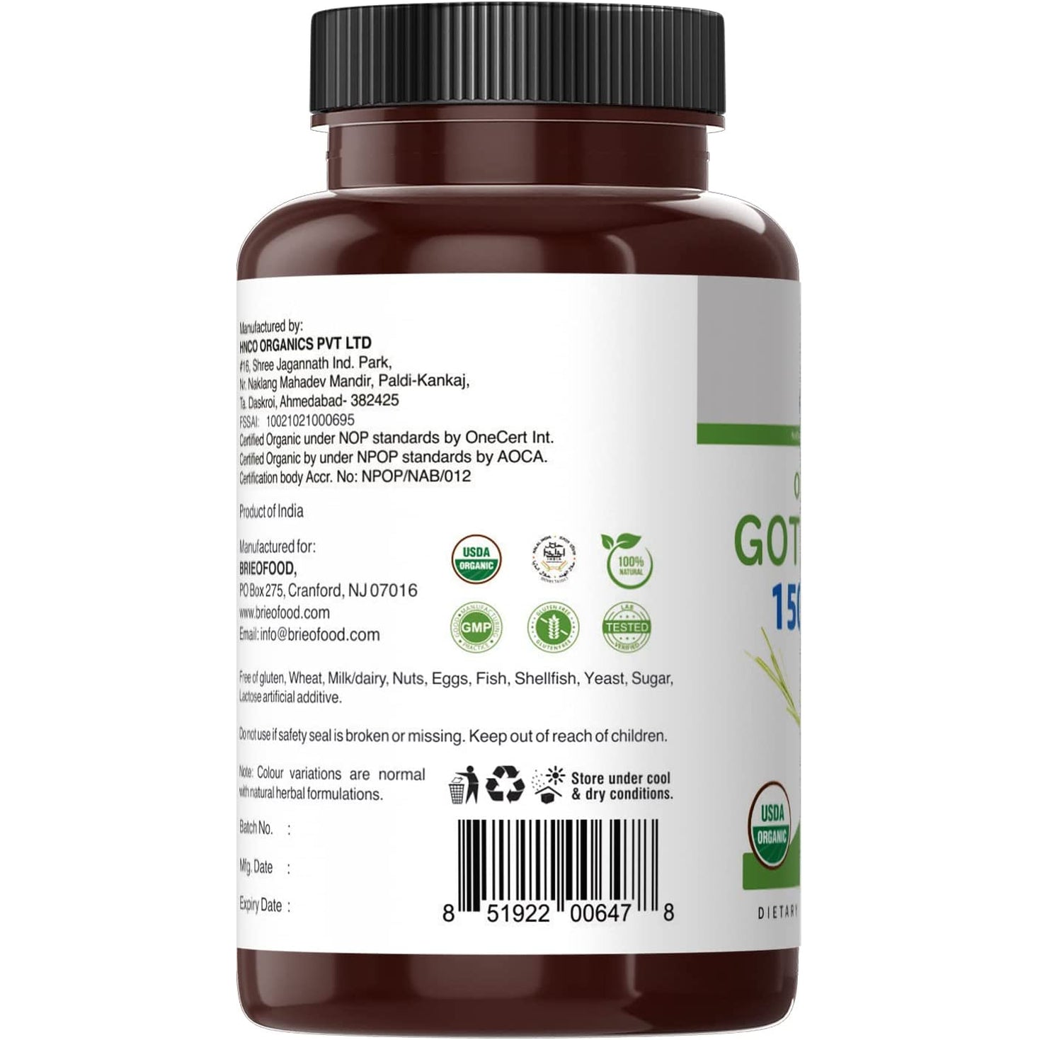 Brieofood Organic Gotu Kola 1500Mg, 45 Servings, Vegetarian, Gluten Free, 90 Vegetarian Tablets