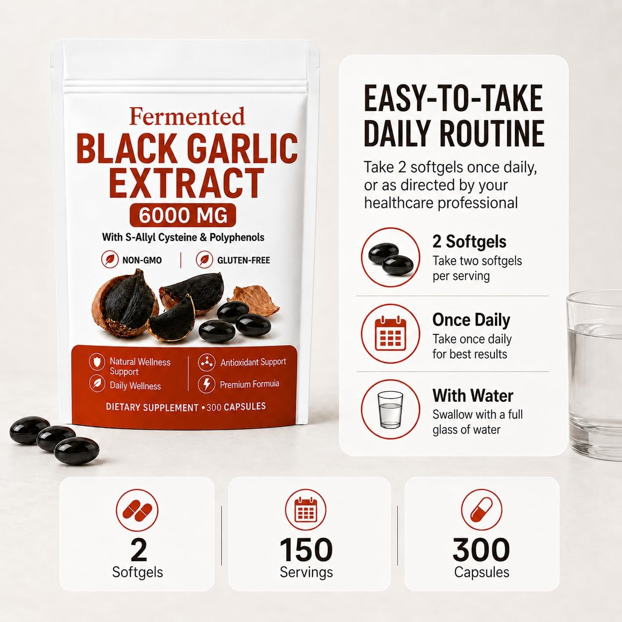 LANURAL Fermented Black Garlic Extract Capsules, 300 Softgels
