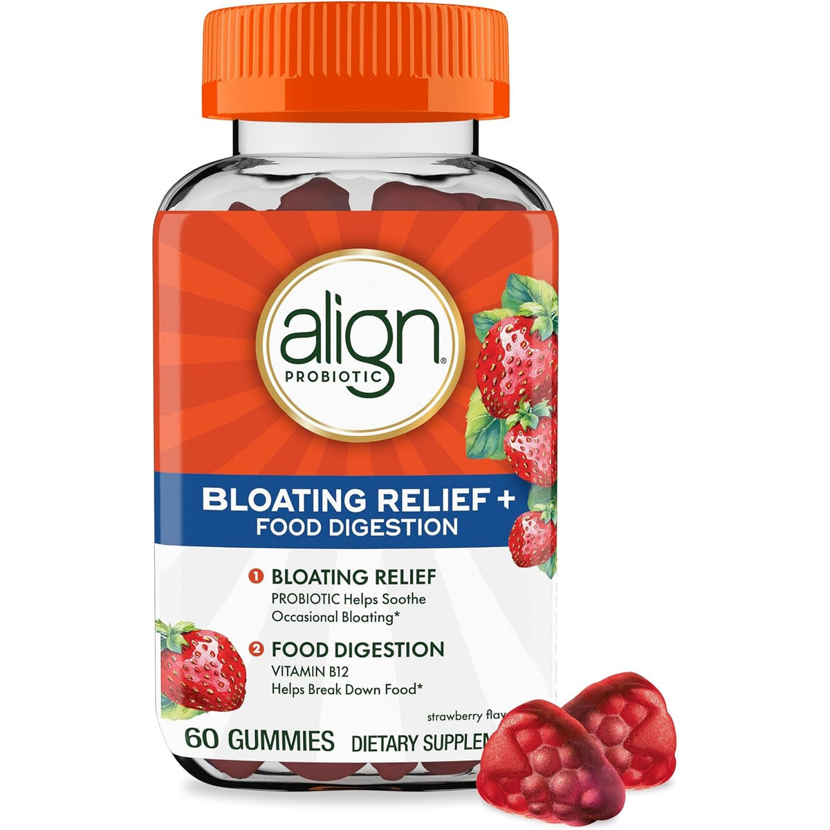 Align Probiotic, Bloating Relief + Food Digestion, Probiotics for Women and Men, Probiotic Helps Soothe Occasional Bloating*, with Vitamin B12 to Help Break down Food into Cellular Energy*,60 Gummies