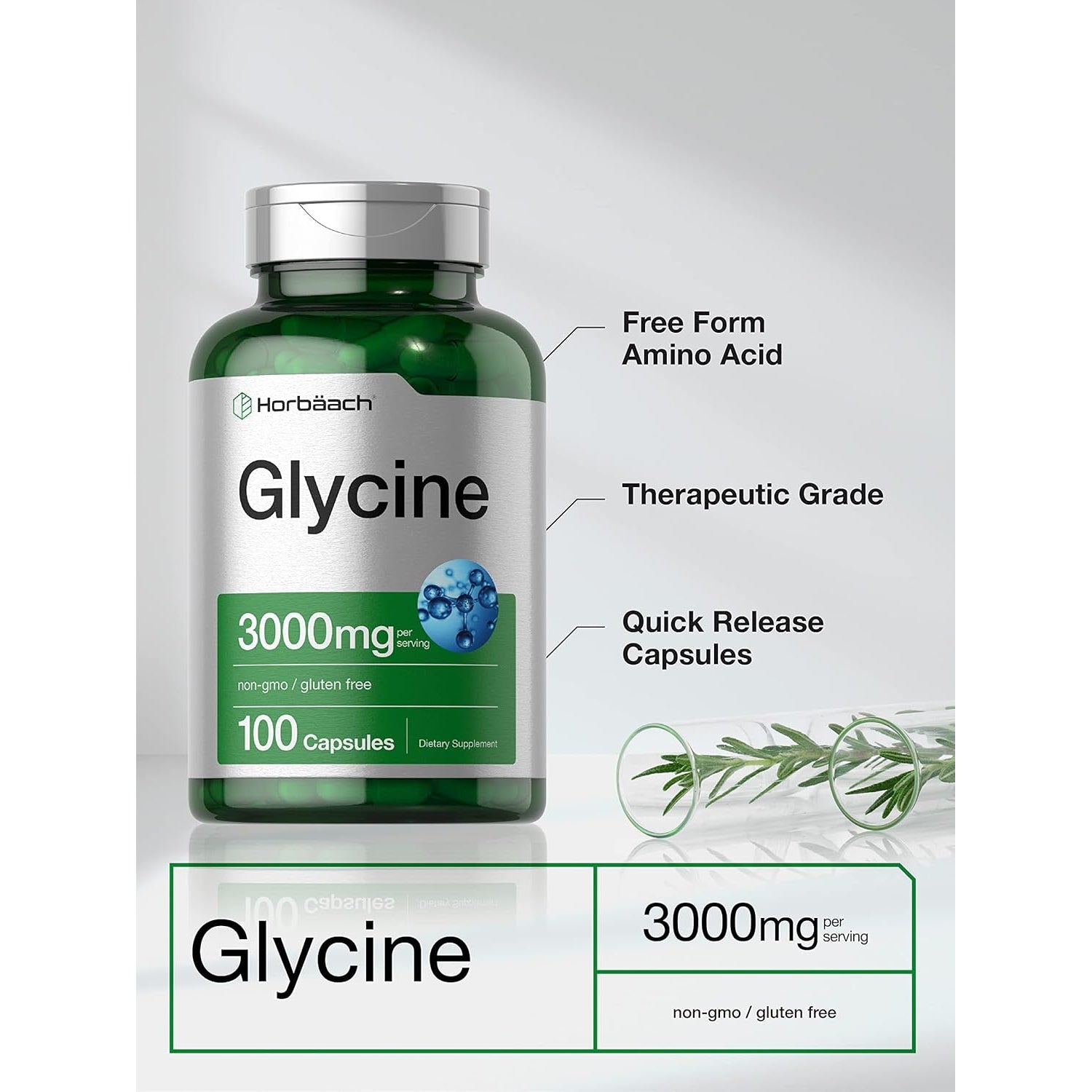 Horbäach Glycine 3000Mg Supplement | 100 Powder Capsules | Free Form Amino Acid | Non-Gmo, Gluten Free Supplement