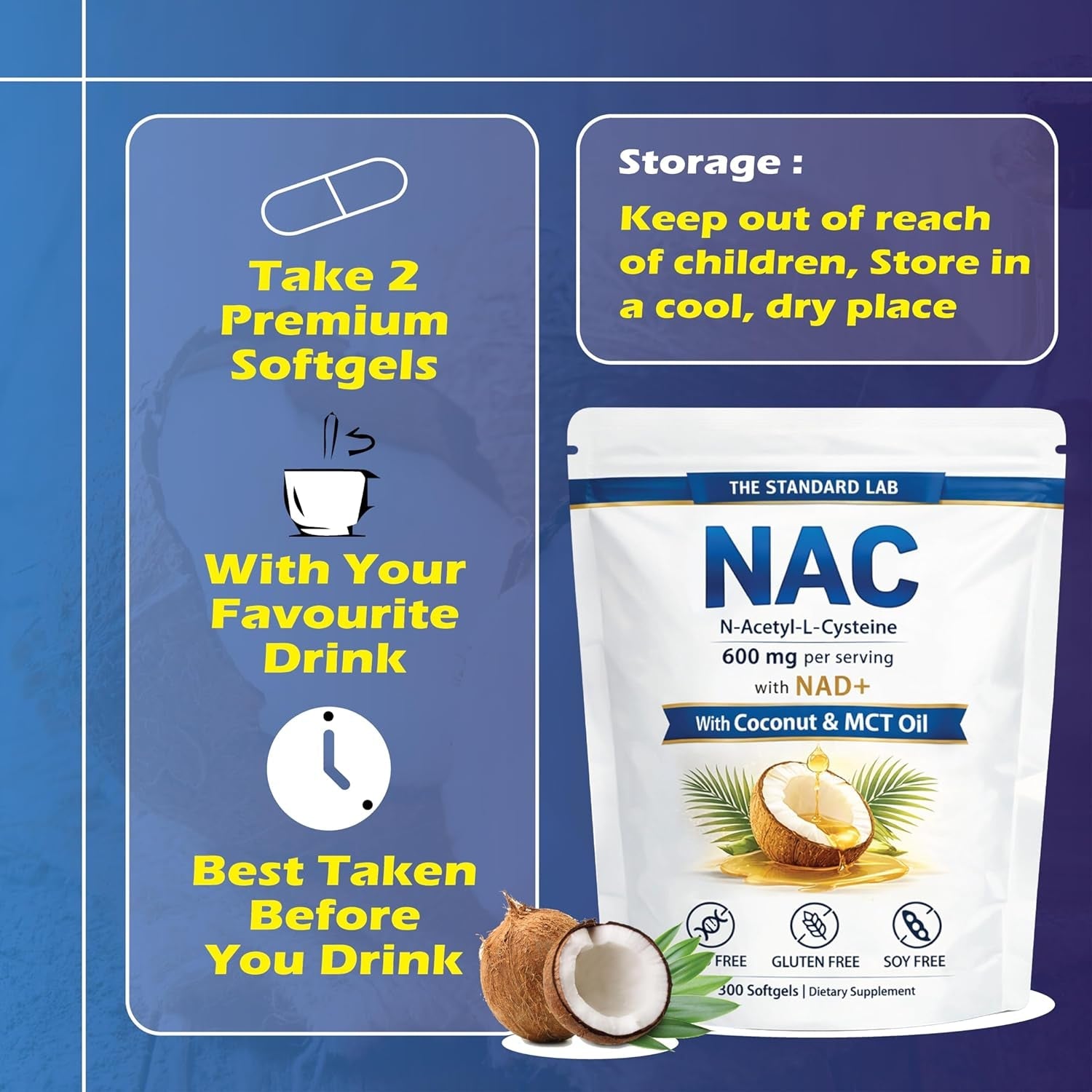 NAC 600Mg | N-Acetyl Cysteine with NAD+ & Coconut Oil | Nicotinamide Complex | Non-Gmo | 300 Count