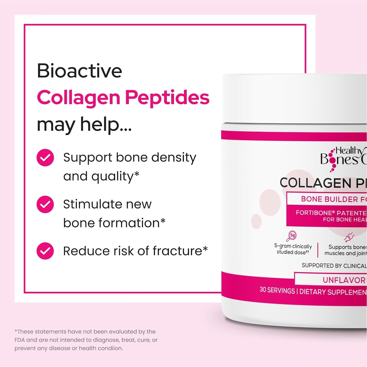 FORTIBONE Collagen Peptides Essential Bone Builder Hydrolyzed Collagen Powder for Women & Men, Clinically-Supported for Bone Strength & Density, Gluten Free & Dairy Free - Unflavored (30 Servings)