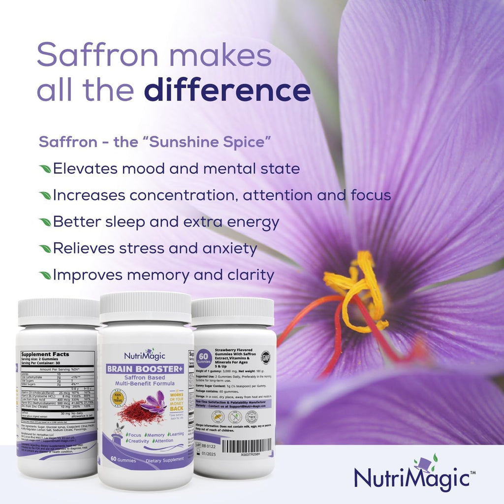 Nutrimagic Kids Brain Booster+ 30Mg Pure Saffron Extract Gummies & Multivitamin D3, B6, B12, Zinc, Supports Kids Brain Health, Focus, Memory, Attention, Mood Balance, Non-Gmo Supplement, 30X Servings