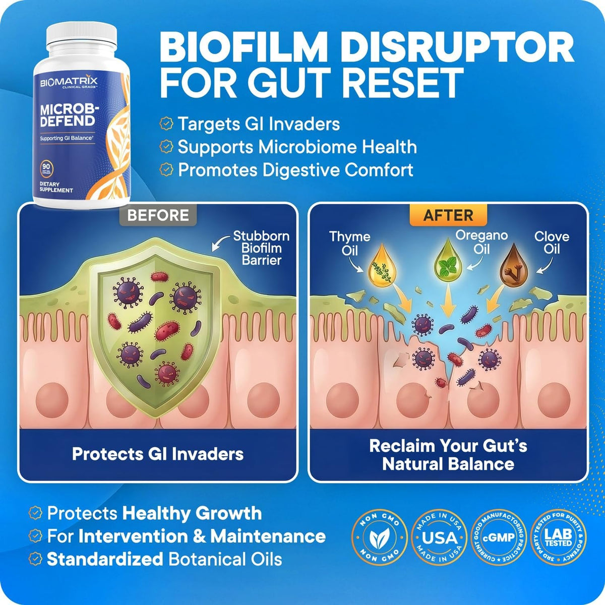 Biomatrix Biofilm Disruptor, GI Repair Digestive Supplement for Men and Women, Oil of Thyme, Oregano & Clove, Gut Microbiome & Intestinal Health Support | Microb-Defend (90 Softgels)