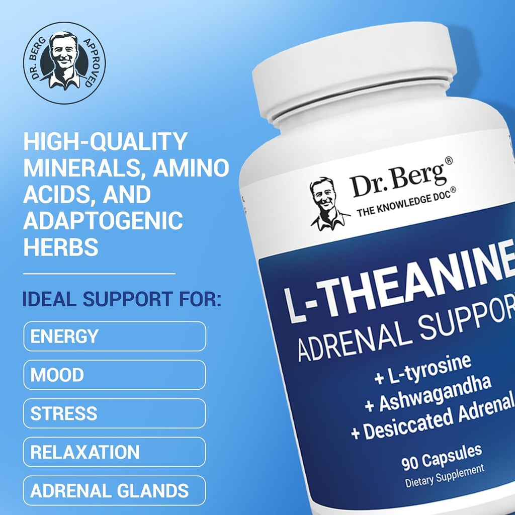 Dr. Berg L-Theanine 200Mg - Includes Zinc, Copper, L-Tyrosine, & Ashwagandha – L-Theanine Supplement Adrenal Support - for Relaxation, Stress Relief, and Mental Clarity* – 90 Gelatin Capsules