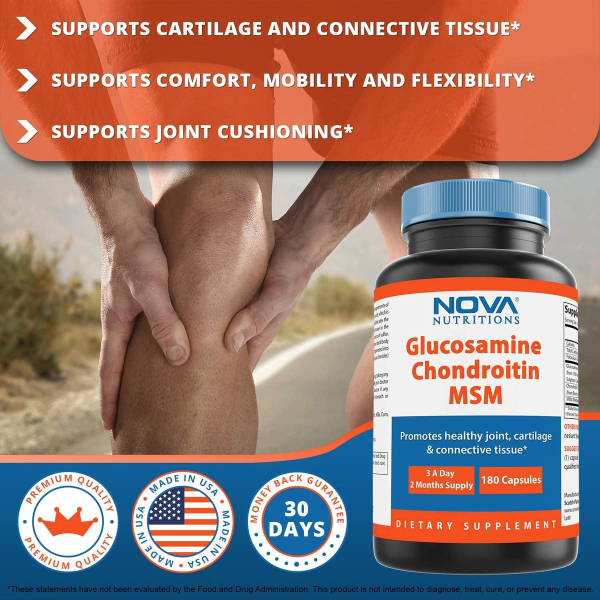 Nova Nutritions Triple Strength Glucosamine Chondroitin MSM 2600Mg/Serving Capsules, Supports Healthy Joint, Cartilage and Connective Tissue - Promotes Joint Comfort & Flexibility 180 Count