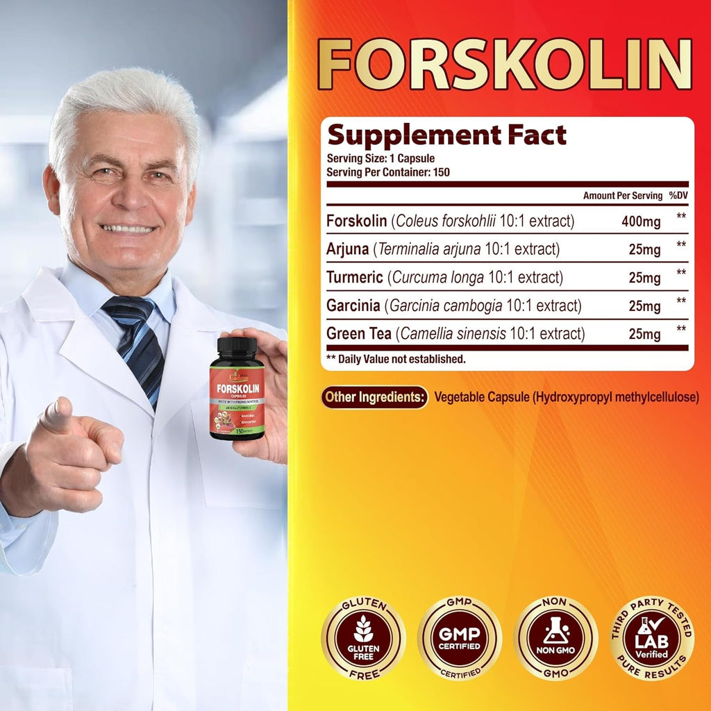 Cadane Forskolin Supplements - 5In1 with Turmeric Curcumin, Arjuna, Garcinia Cambogia, and Green Tea - 5 Month Supply - 150 Capsules