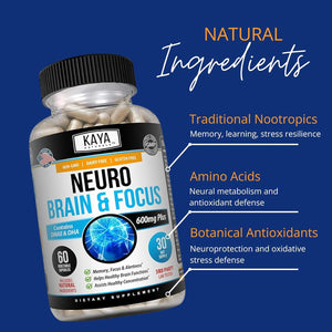 Kaya Naturals - Neuro Brain for Memory & Focus - Nootropic Energy Capsule - Nootropic Brain Support Supplement - Focus & Concentration & Learning Accuracy - Cognitive Function - 60 Count