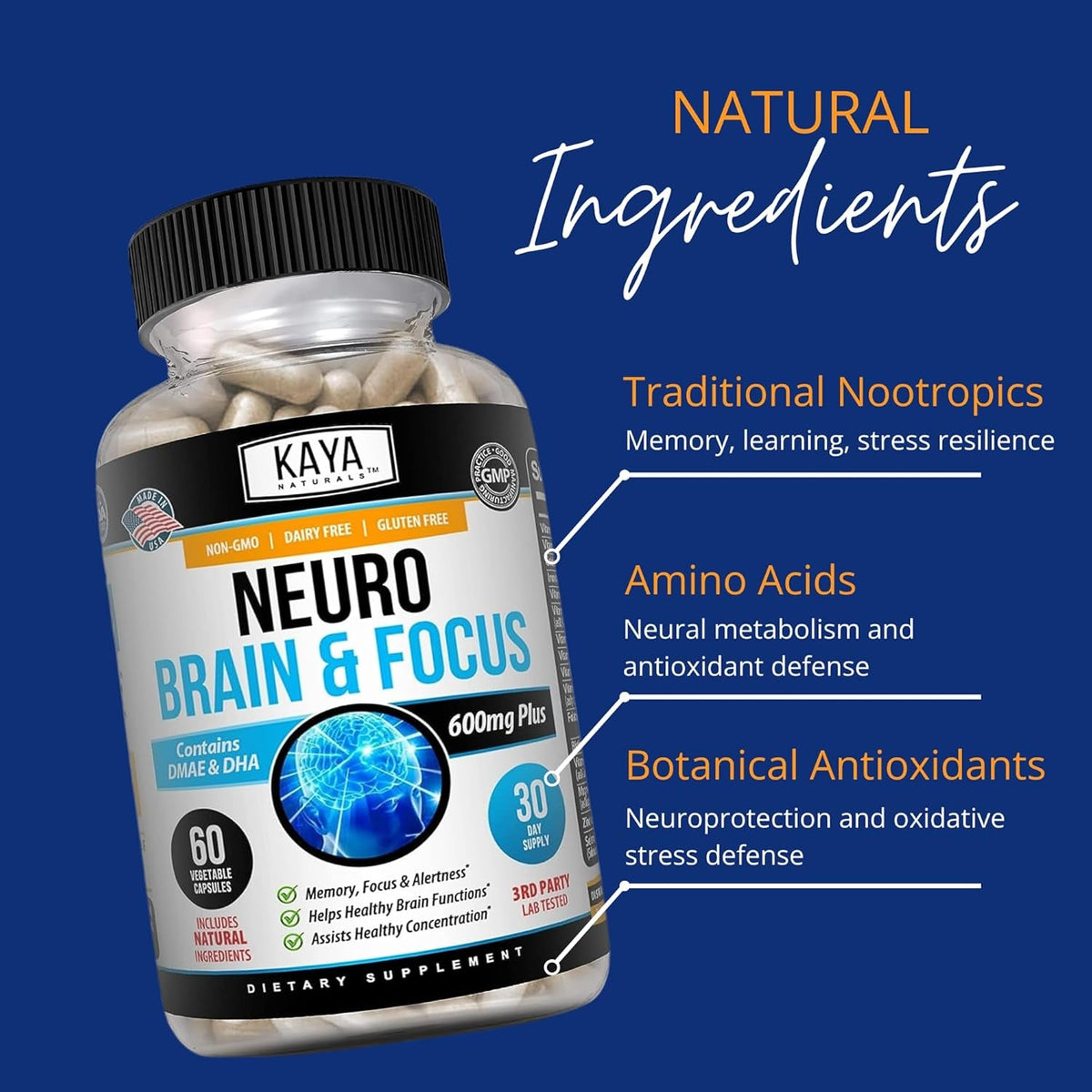 Kaya Naturals - Neuro Brain for Memory & Focus - Nootropic Energy Capsule - Nootropic Brain Support Supplement - Focus & Concentration & Learning Accuracy - Cognitive Function - 60 Count