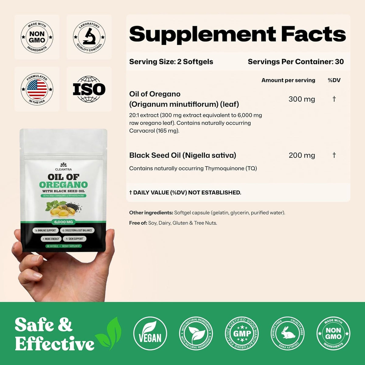 Oil of Oregano with Black Seed Oil – Softgels for Gut, Immune & Antioxidant Support – 6000Mg