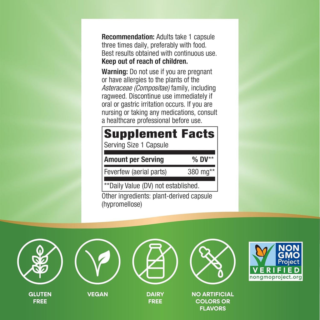 Nature'S Way Feverfew Herb, Traditional Support for Blood Vessel Relaxation*, 380 Mg per Serving, Non-Gmo Project Verified, 100 Vegan Feverfew Capsules (Packaging May Vary)