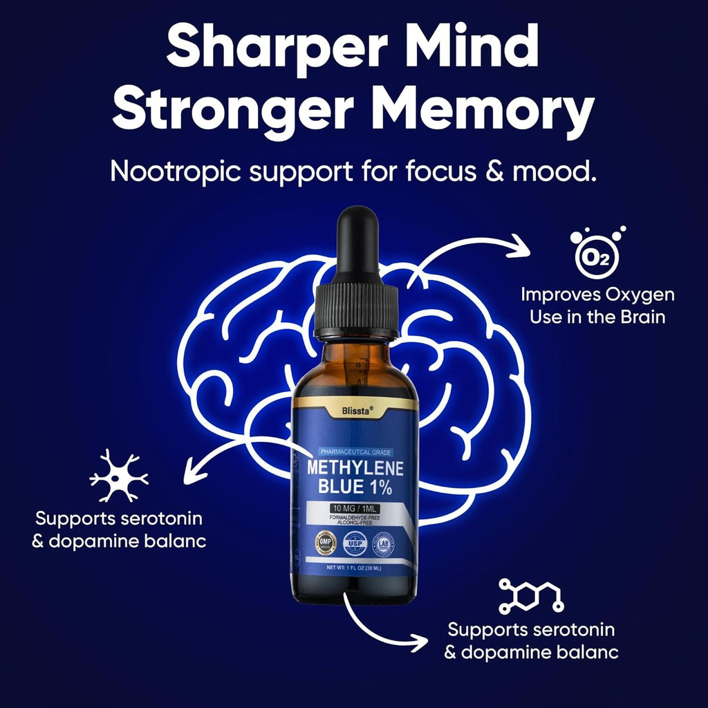 USP Pharmaceutical Grade Methylene Blue 1% Solution – Third-Party Lab Tested, Formaldehyde-Free, Heavy Metal Free –Nootropic - Cognitive Support, Brain Health, Energy & Focus Drops – 30Ml