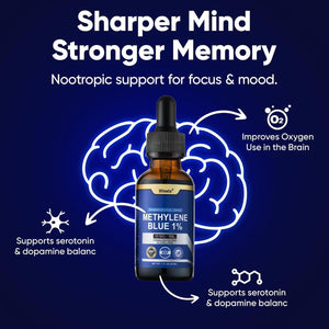 USP Pharmaceutical Grade Methylene Blue 1% Solution – Third-Party Lab Tested, Formaldehyde-Free, Heavy Metal Free –Nootropic - Cognitive Support, Brain Health, Energy & Focus Drops – 30Ml