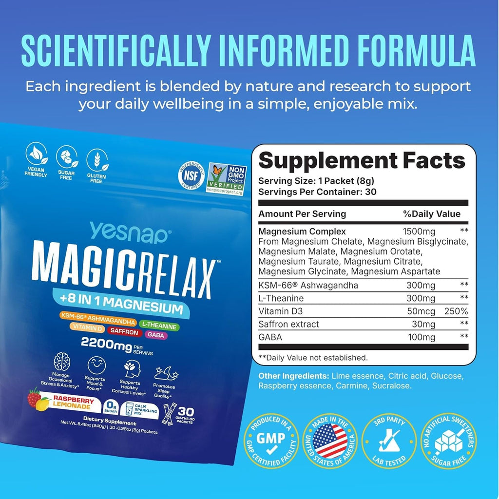 MAGICRELAX 8-In-1 Super Calm Magnesium Glycinate Powder Drink Mix Supports Stress Healthy Cortisol, Mood & Sleep, KSM-66 Ashwagandha Saffron GABA L-Theanine Vitamin D3, 0 Sugar, Raspberry Lemonade