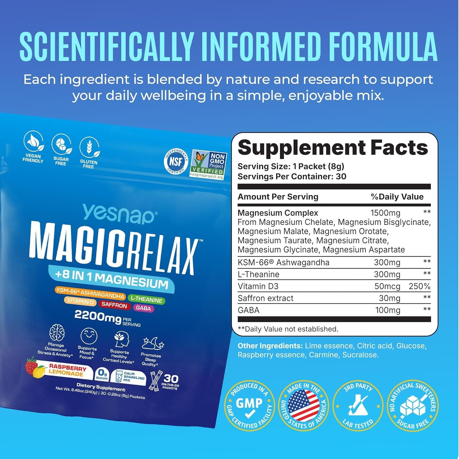 MAGICRELAX 8-In-1 Super Calm Magnesium Glycinate Powder Drink Mix Supports Stress Healthy Cortisol, Mood & Sleep, KSM-66 Ashwagandha Saffron GABA L-Theanine Vitamin D3, 0 Sugar, Raspberry Lemonade