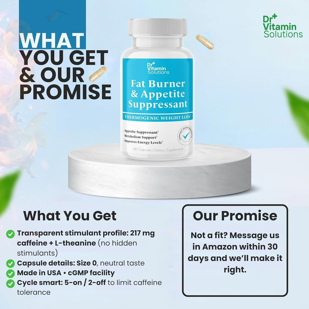 Fat Burner for Women & Men - Appetite Suppressant for Weight Loss - Pills W/Metabolism Booster Thermogenic Weight Loss Supplement - Includes Chromium & Green Tea Extract - 60 Capsules