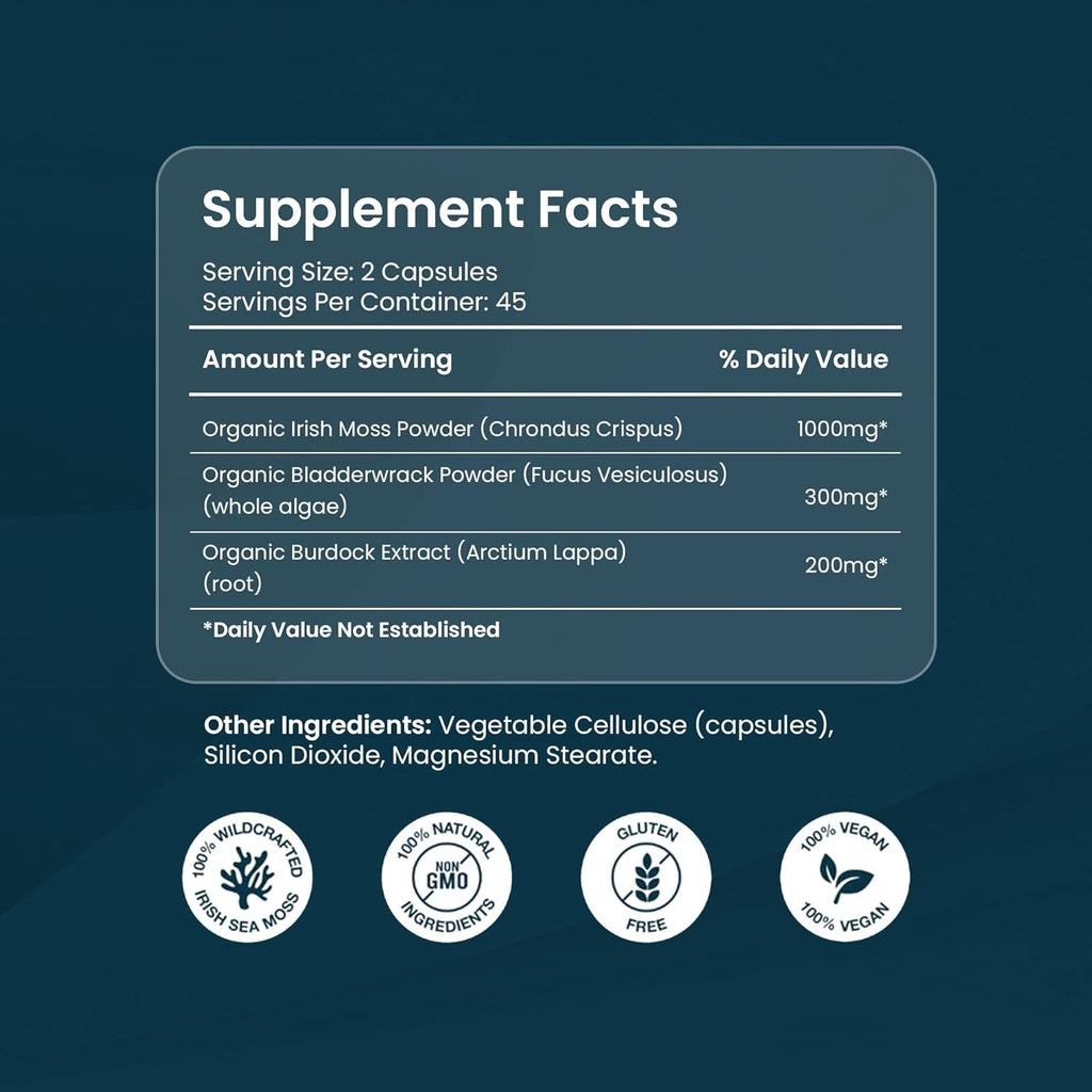 ORGANICS NATURE Irish Sea Moss Capsules 45 Servings | High Potency Seamoss Pills | Dr. Sebi Approved Sea Moss for Energy 90 Vegan Capsules
