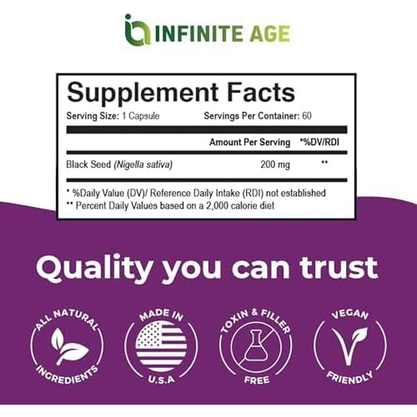 Infinite Age Dry Organic Black Seed Oil Extract Capsules, 60 Count - Nigella Sativa Immune Booster for Optimal Skin, Hair, Memory, Focus, Brain Health and Immunity - Thymoquinone Supplement