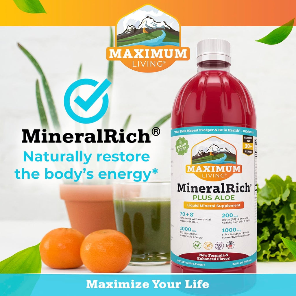 Maximum Living Mineralrich Minerals Supplement with Aloe - Liquid Blend of Vitamins and Trace Minerals - 32 Oz