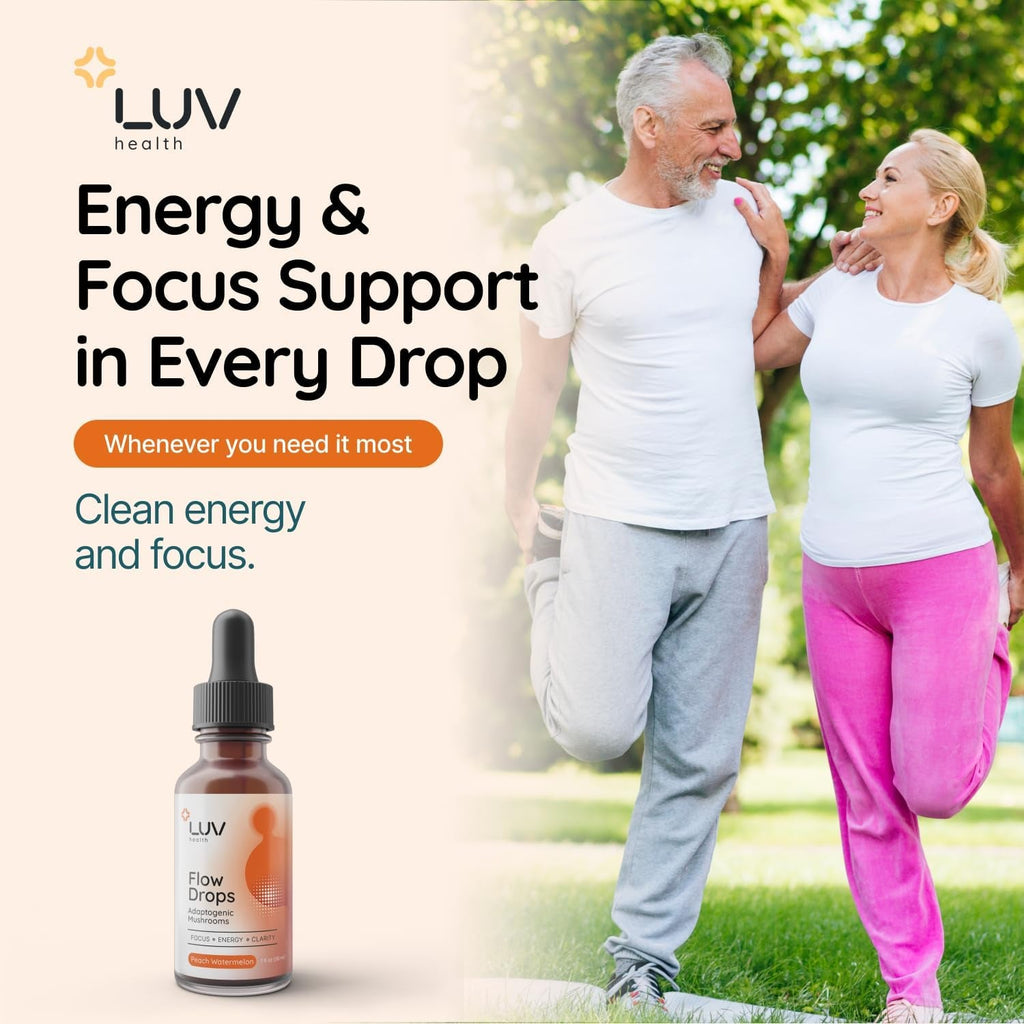 Flow Drops LUV Health Energy Supplement for Focus, Mental Clarity & Immune Support - Adaptogenic Mushrooms with Lion’S Mane, Cordyceps, Reishi, Chaga & Turkey Tail – Vegan, Made in USA 30 Servings