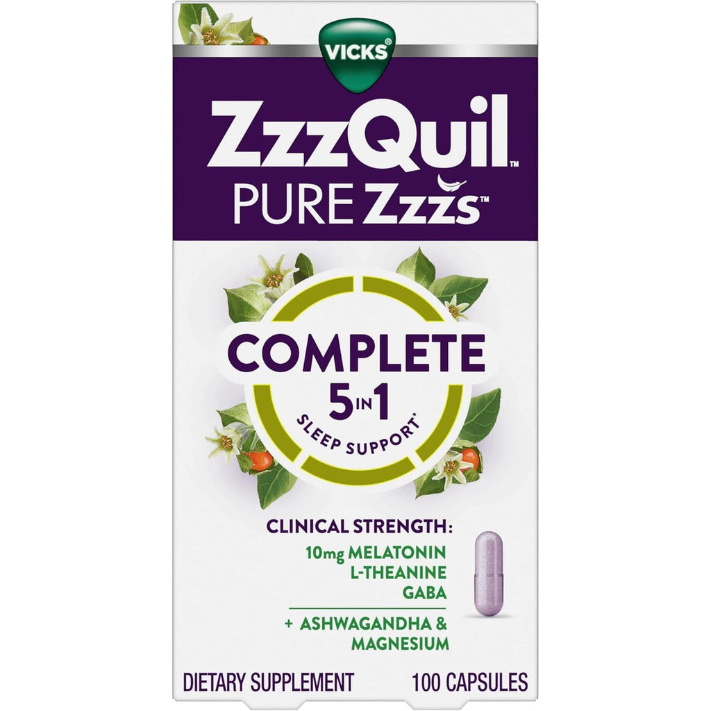 Zzzquil Pure Zzzs Complete Sleep, Melatonin 10Mg, L-Theanine, GABA, with Ashwagandha, and Magnesium, Melatonin Sleep Aid, 100 Count