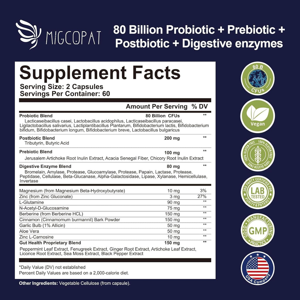 Migcopat Probiotic Prebiotic, Postbiotic & Digestive Enzymes for Digestive Health, 80 Billion CFU Probiotics Complete Gut Support with Berberine, Cinnamon, L-Glutamine, for Men & Women, 120 Capsules