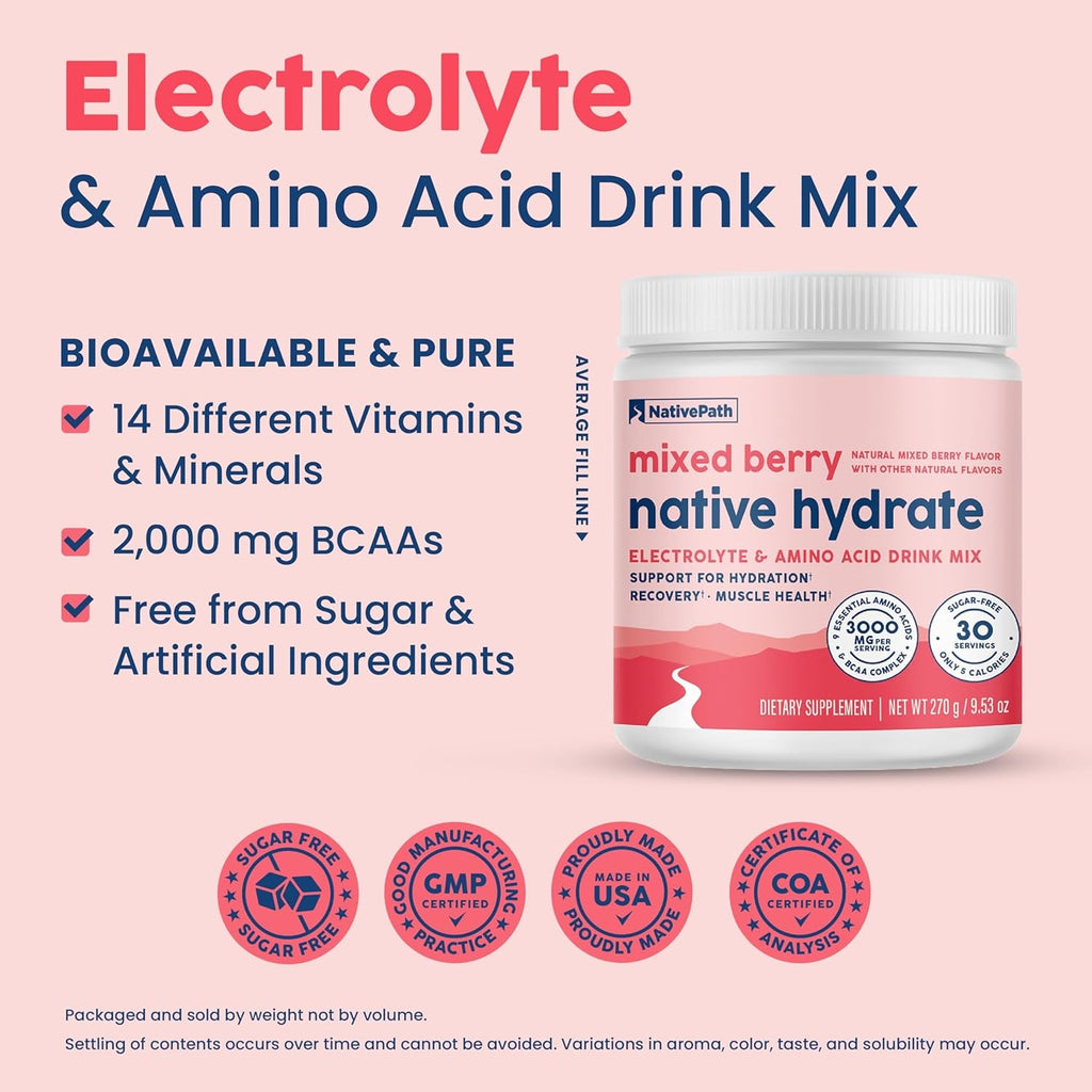 Nativepath Hydrate, Zero Sugar, Electrolytes Powder with Bcaas, Mixed Berry Hydration, Keto & Paleo Friendly, 30 Servings